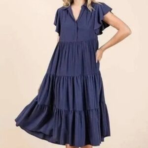 NEW Mittoshop Tiered Ruffle Sleeve Collared V Neck Dress Size Large Dusty Navy‎